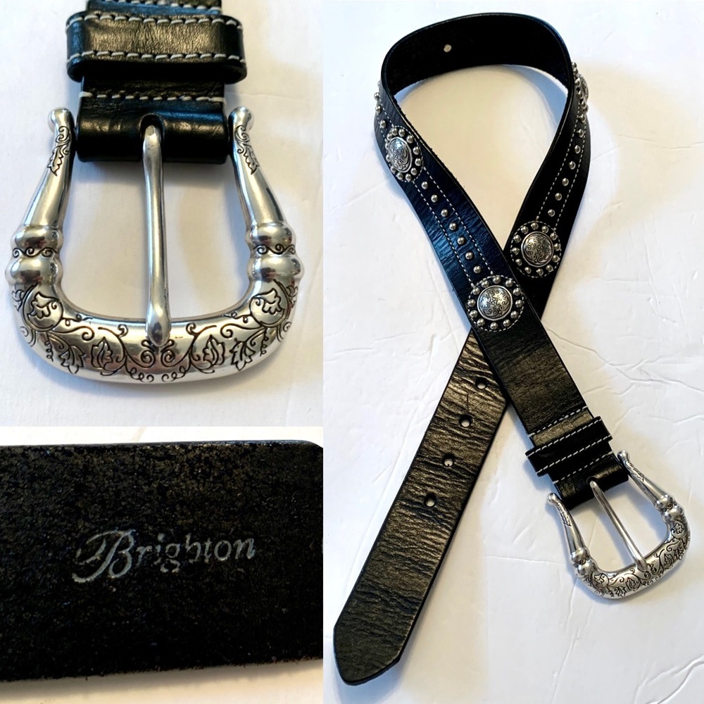 Brighton Black Leather Belt with Silver Conchos and Engraved Buckle